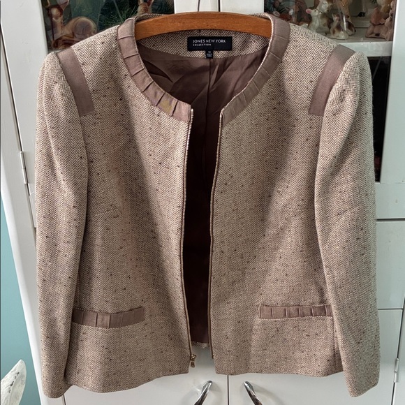 Jones New York Women's Tan Jacket sz 14 Tweed Gold Metallic euc - Picture 5 of 9